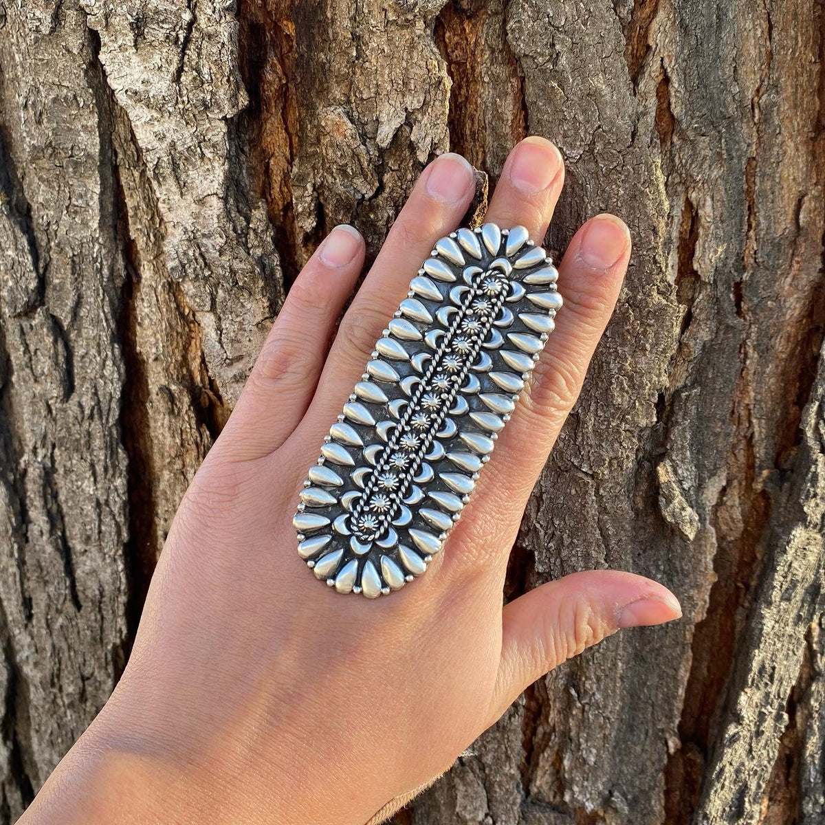Handcrafted Patrick Yazzie Sterling Silver Jumbo Hand Stamped Ring
