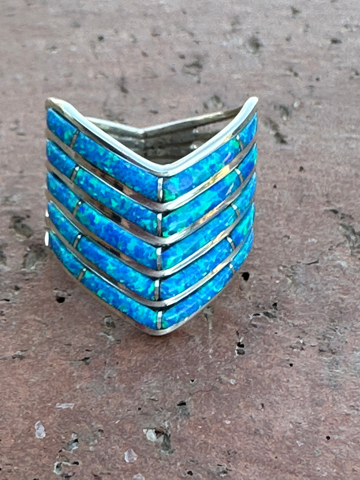 Handcrafted 5 Row Sterling Silver & Blue Opal Inlay Stacker Ring