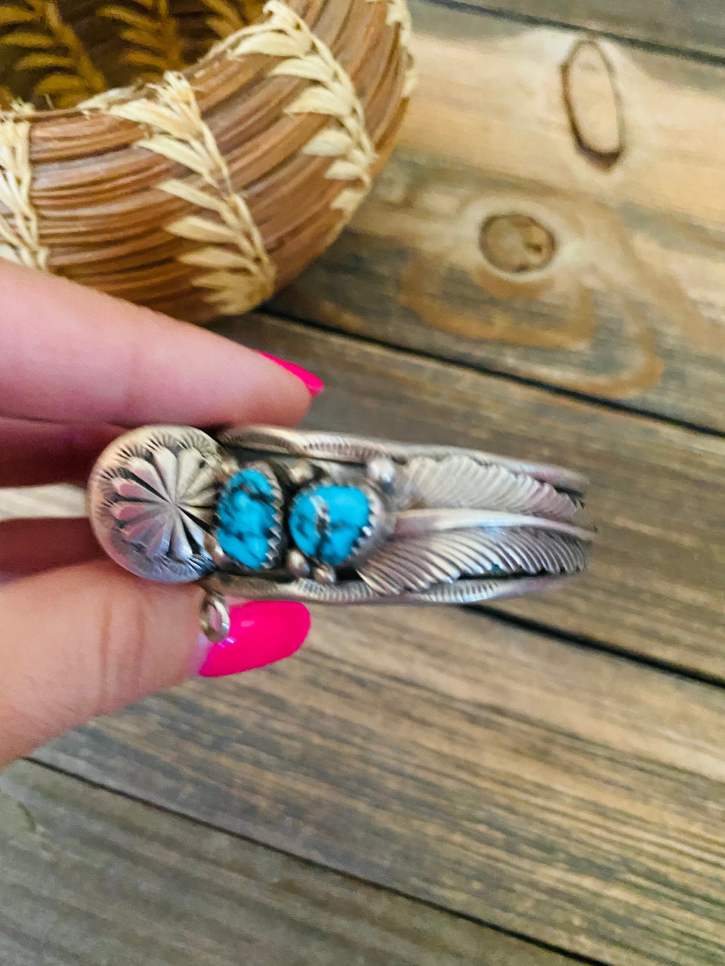 Old Pawn Vintage Handcrafted Turquoise & Sterling Silver Watch Cuff Signed