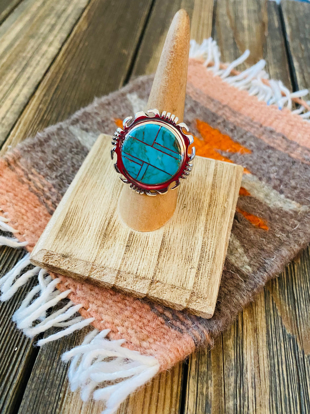 Handcrafted Sterling Silver & Turquoise Inlay Ring Size 6.75