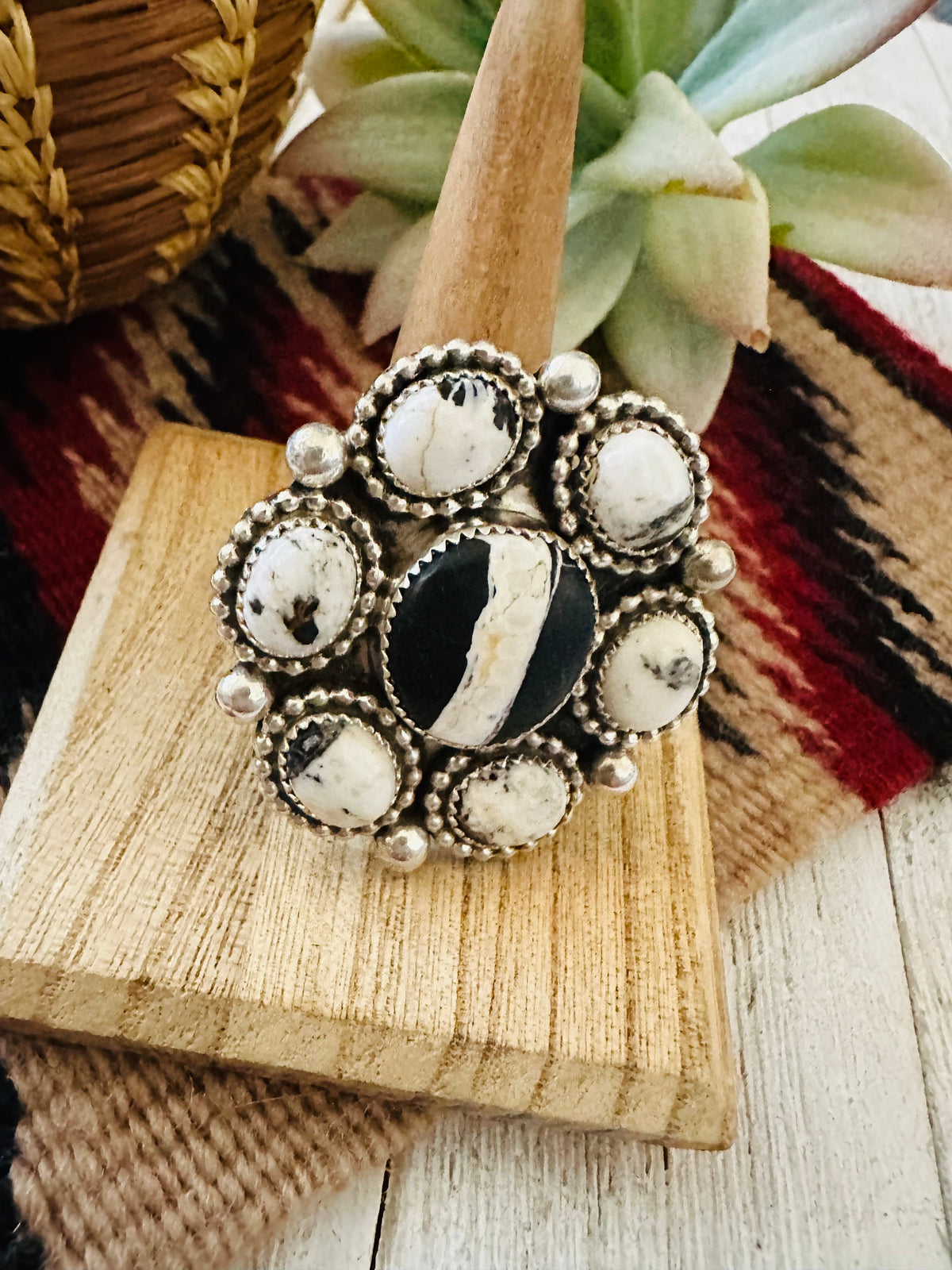Handcrafted Sterling Silver And White Buffalo Cluster Adjustable Ring