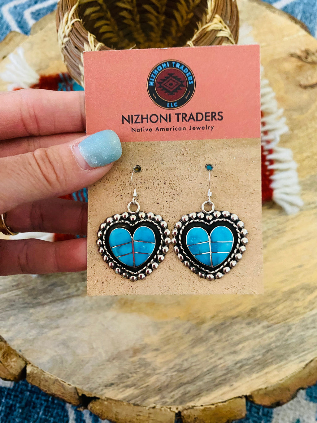 Handcrafted Sterling Silver & Turquoise Inlay Heart Dangle Earrings