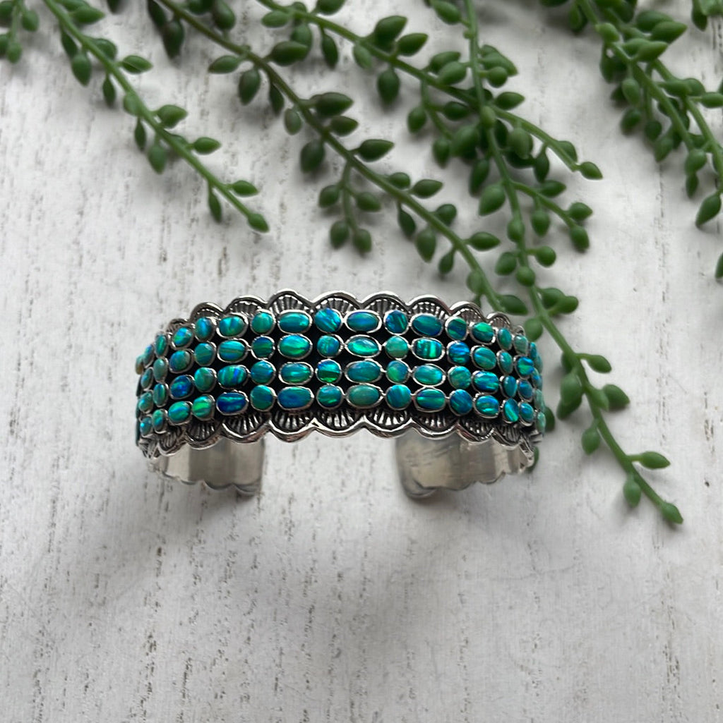 “The 4 Row Cuff” Sterling Silver Blue Fire Opal Cuff Bracelet /