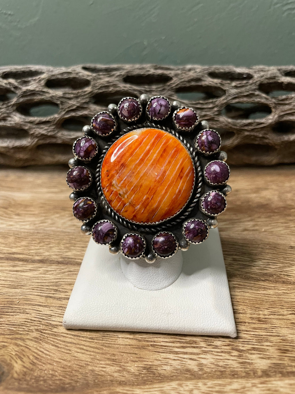 Handcrafted Sterling Silver And Orange And Purple Spiny Adjustable Ring