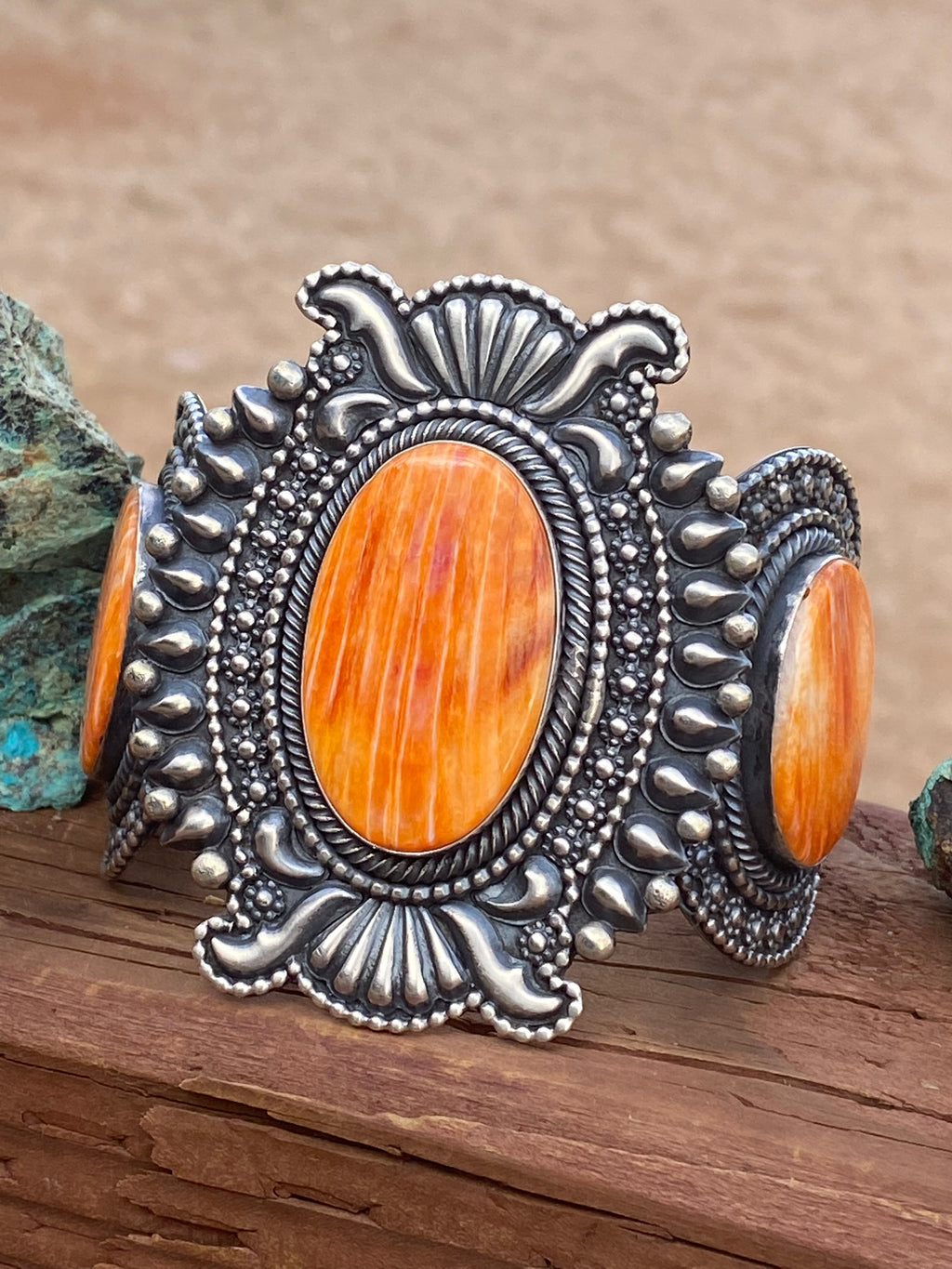 Beautiful Handcrafted Orange Spiny & Sterling Silver Cuff Bracelet Signed