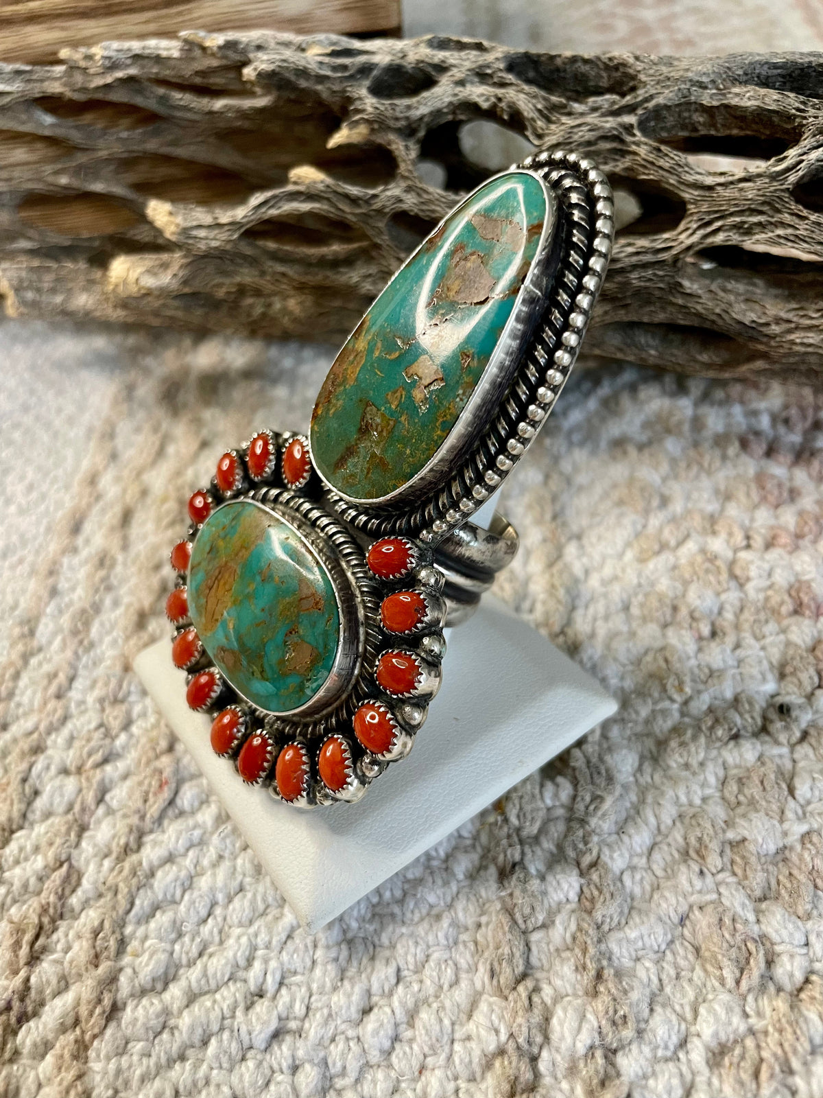 Handcrafted Sterling Silver Royston Turquoise And Coral Ring Size 10 Signed