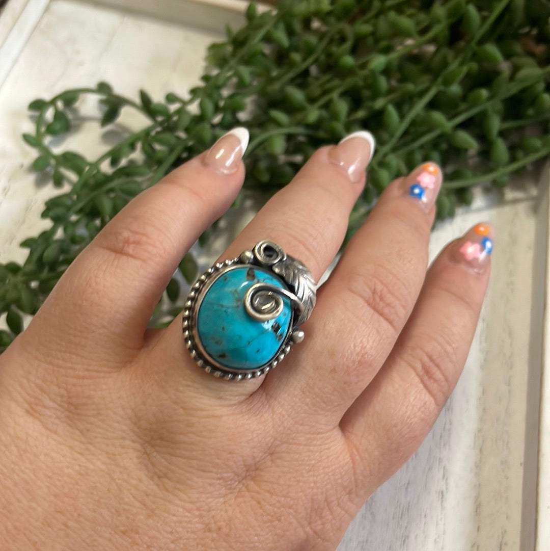 Handcrafted Turquoise & Sterling Silver Feather Ring Signed Size 7.25
