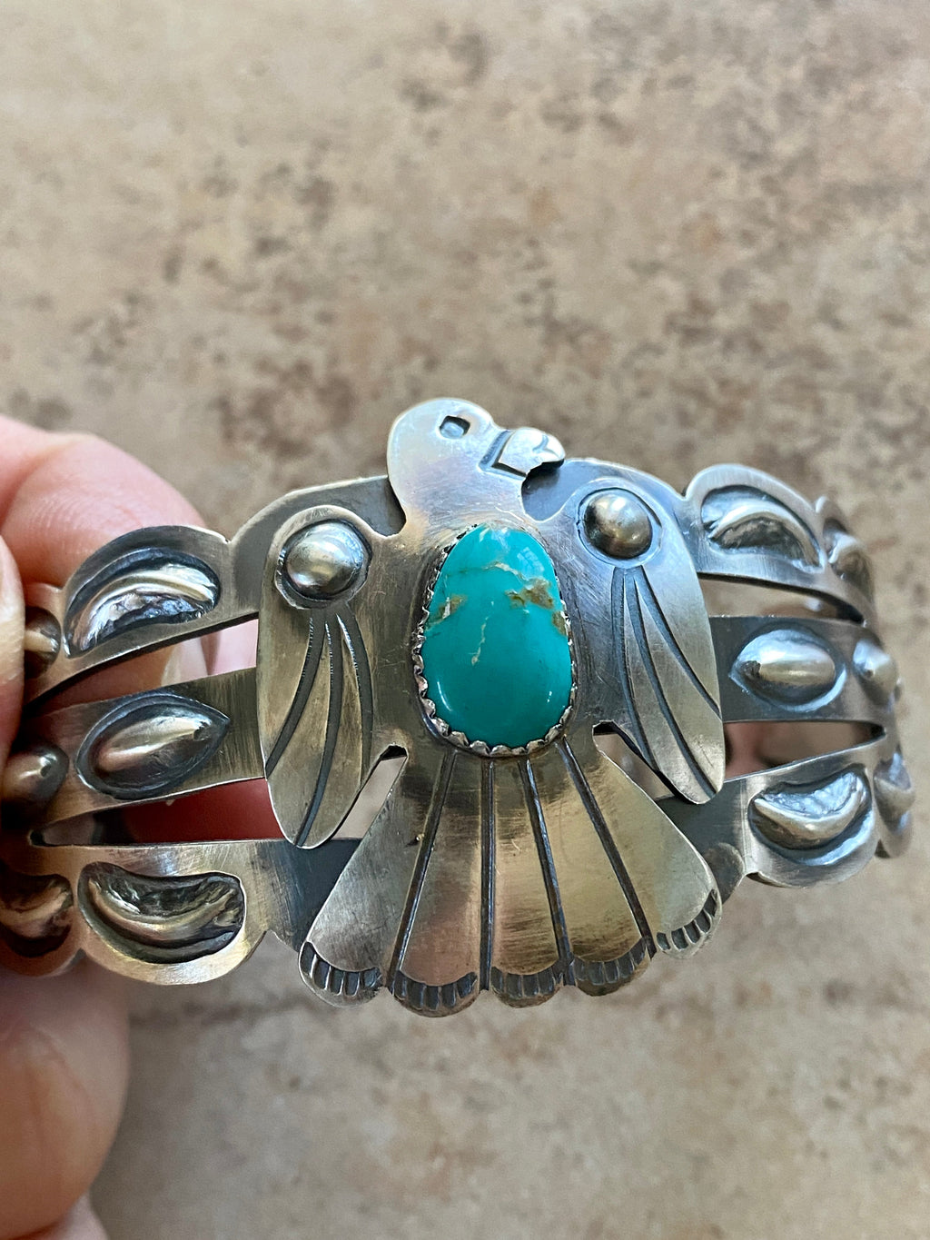 Sterling Silver Handcrafted Stamped Turquoise Thunderbird Cuff