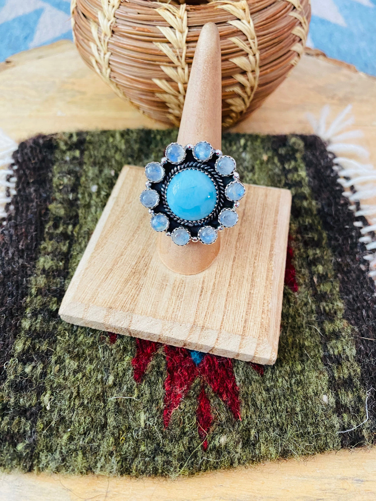 Handmade Sterling Silver, Larimar & Moon Stone Cluster Adjustable Ring