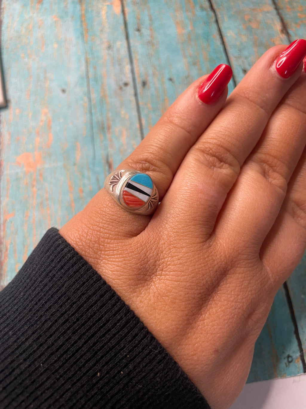 Old Pawn Handcrafted Sterling Silver & Multi Stone Inlay Ring Size 6