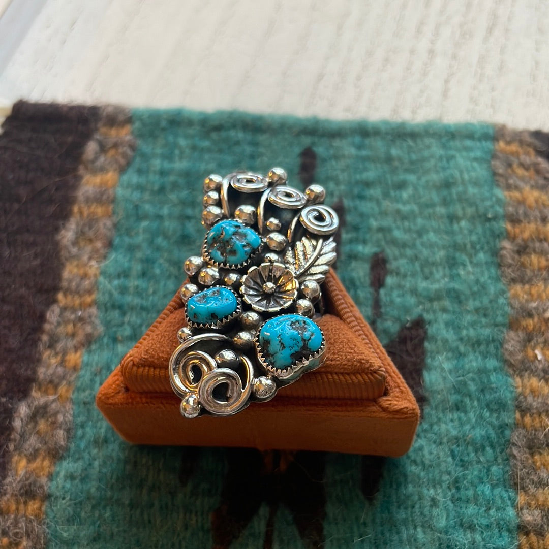 Handcrafted Sterling Silver & Turquoise Flower Ring Size 12