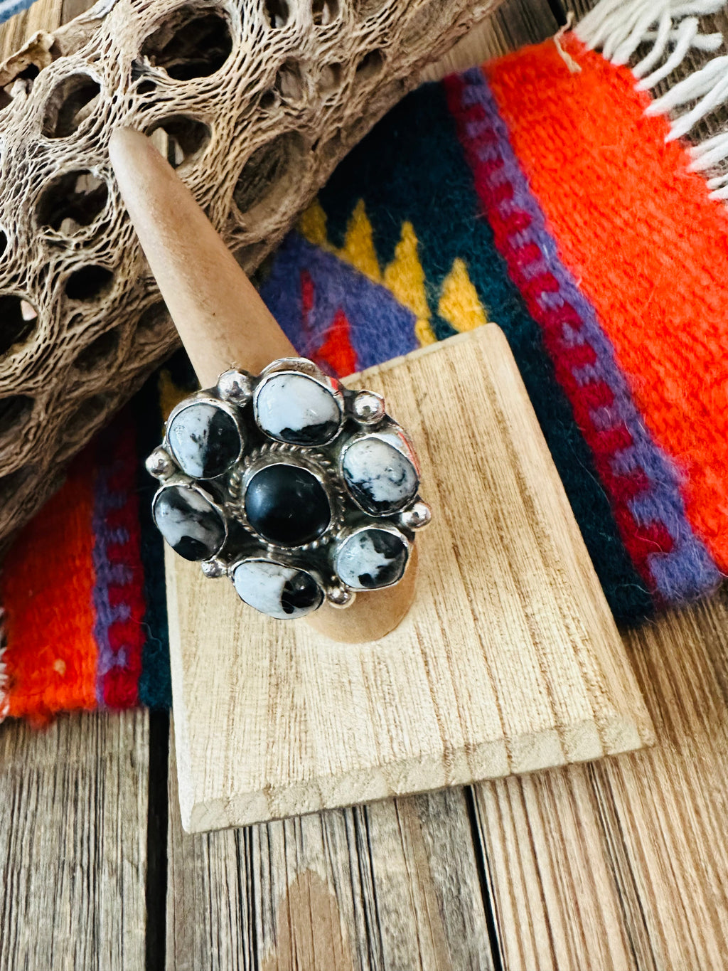 Handcrafted Sterling Silver And White Buffalo Cluster Adjustable Ring