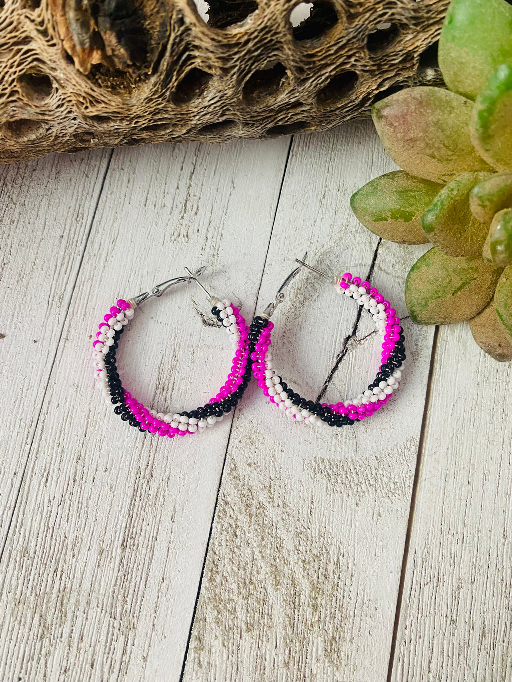 Handcrafted Handmade Beaded Hoop Earrings- pink, black