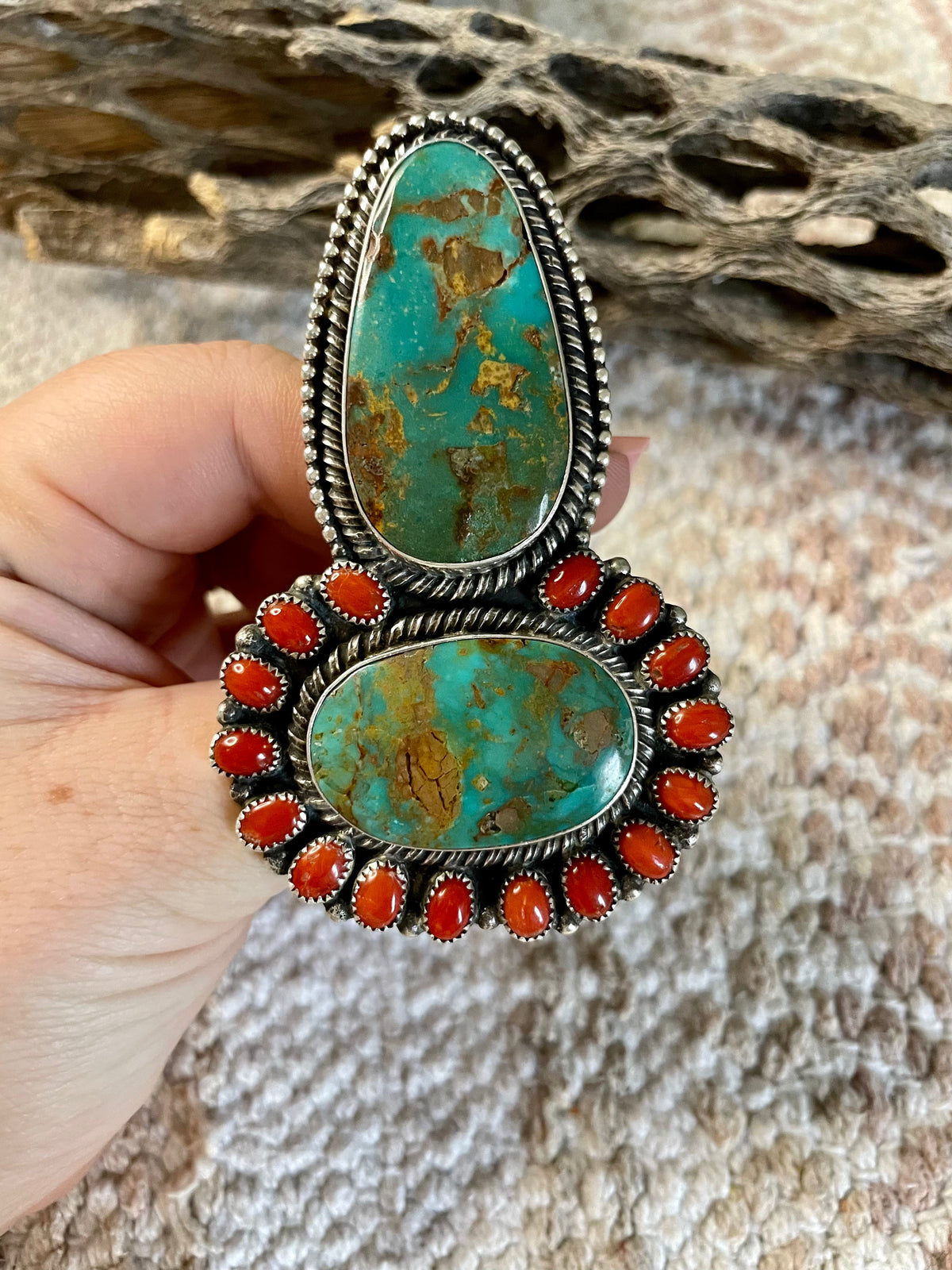 Handcrafted Sterling Silver Royston Turquoise And Coral Ring Size 10 Signed