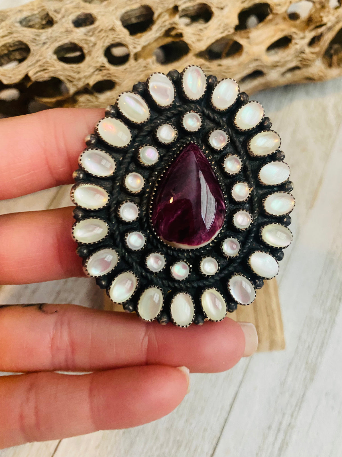 Handcrafted Sterling Silver, Mother of Pearl & Purple Spiny Cluster Adjustable Ring
