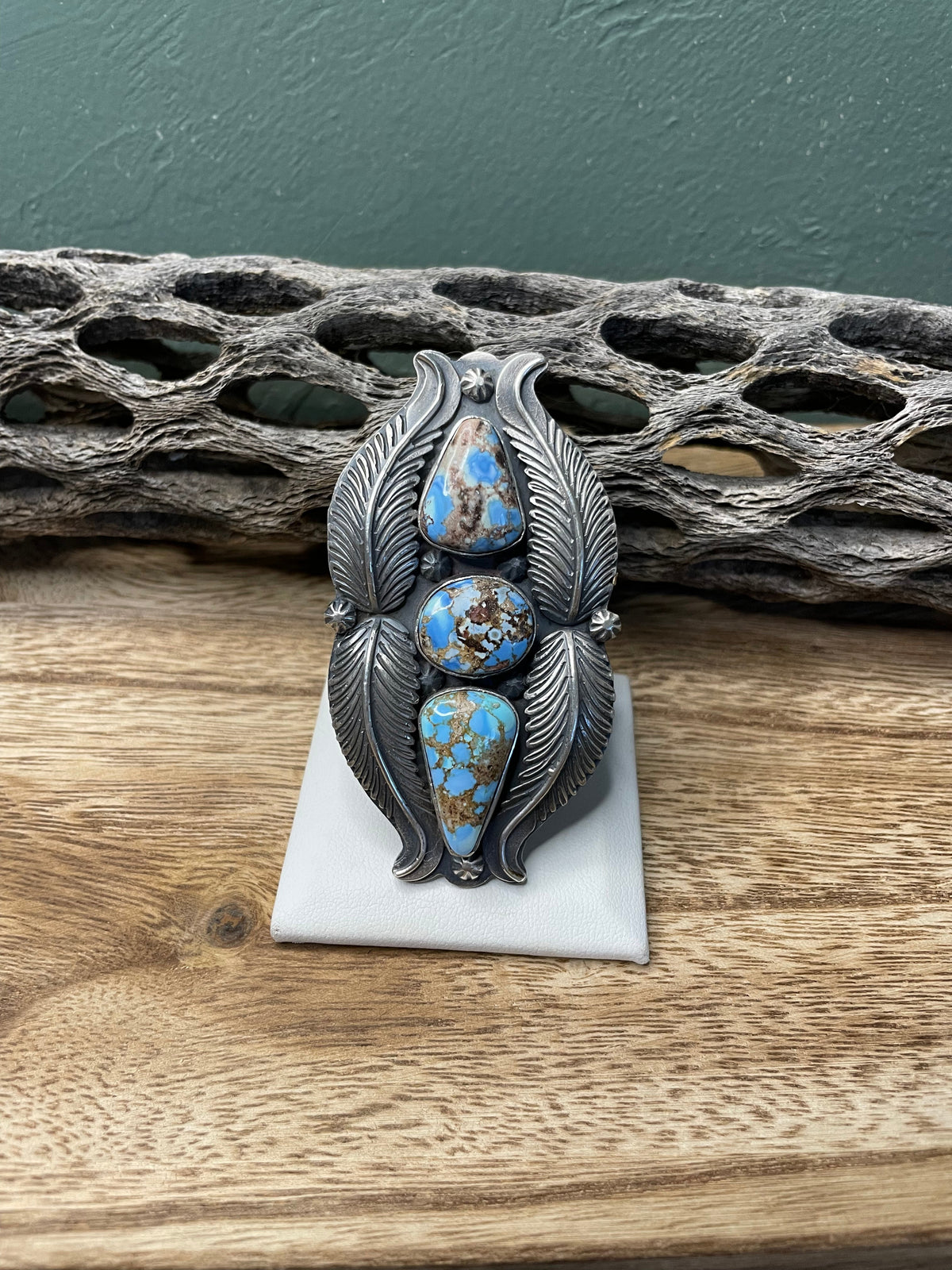 Handcrafted Golden Hills Turquoise And Sterling Silver Feather Adjustable Ring