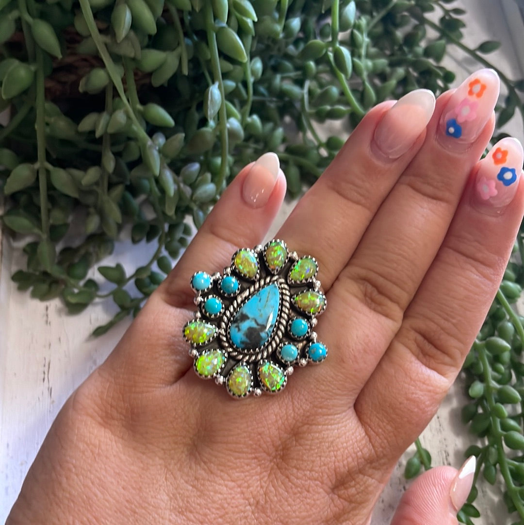 Nizhoni Handmade Fire Opal, Turquoise And Sterling Silver Adjustable Ring