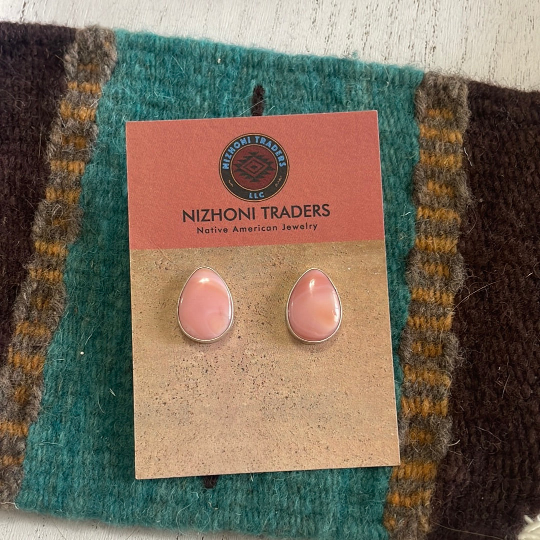 Handcrafted Sterling Silver &  Pink Conch Tear Drop Stud Earrings Signed