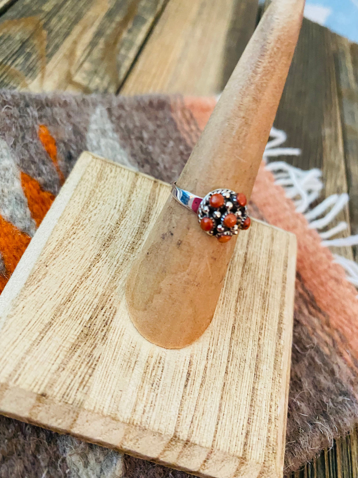 Handcrafted Sterling Silver & Red Coral Petit Point Ring