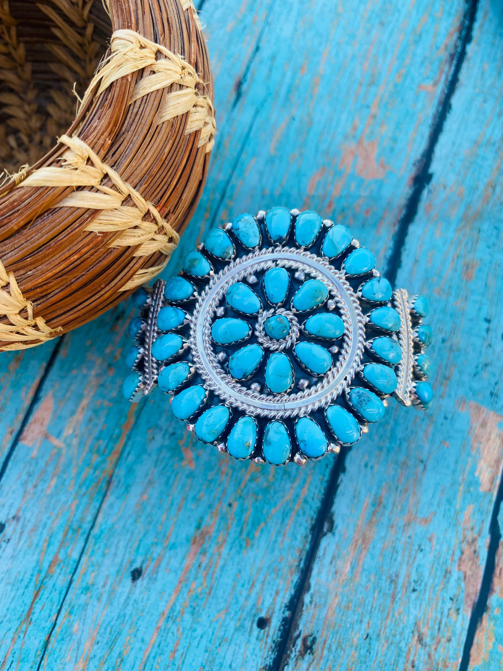 Handcrafted Kingman Turquoise & Sterling Silver Cluster Bracelet Cuff