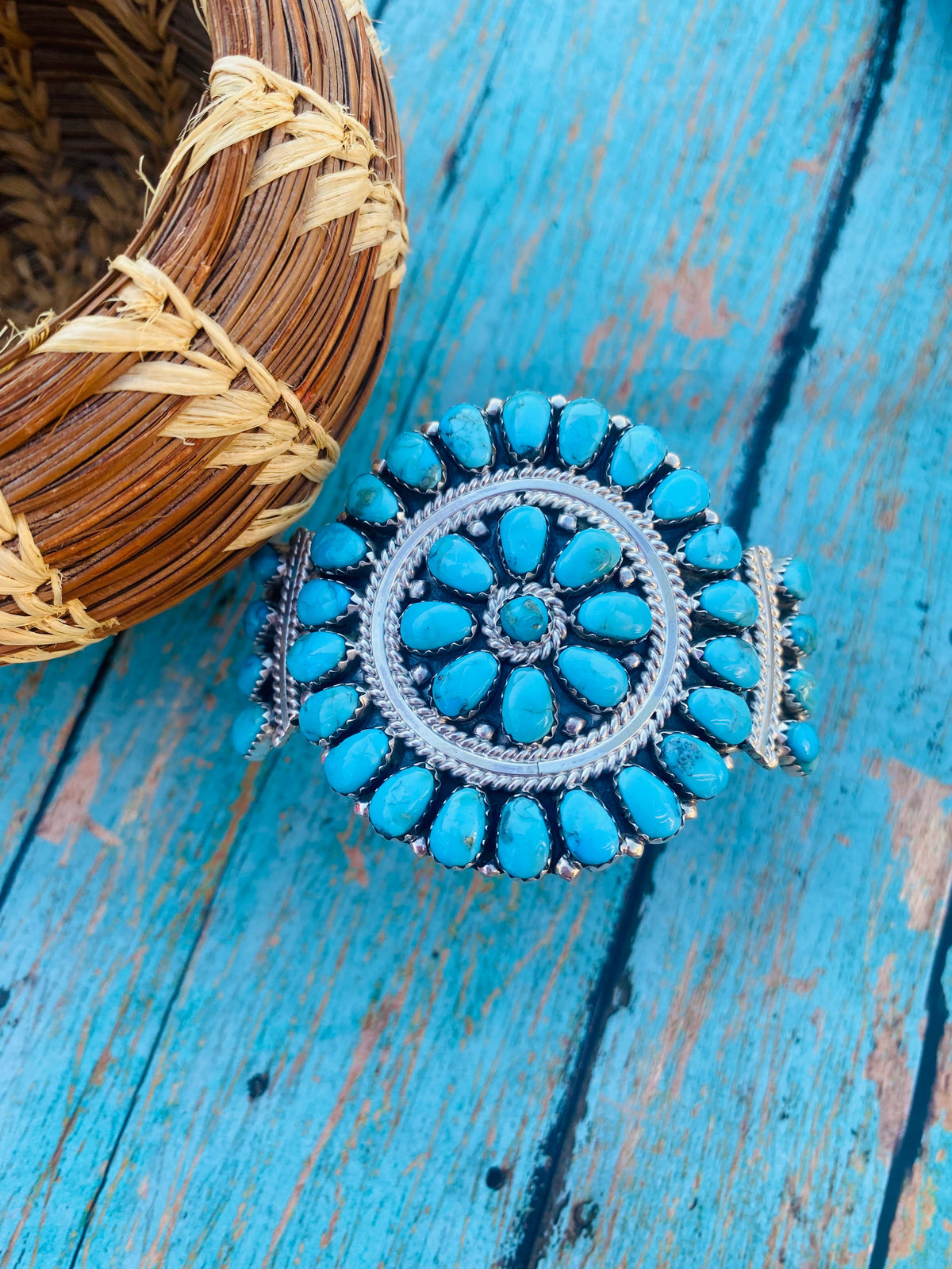 Handcrafted Kingman Turquoise & Sterling Silver Cluster Bracelet Cuff