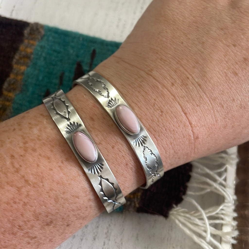 Pink Conch & Sterling Silver Adjustable Cuff Bracelet Signed