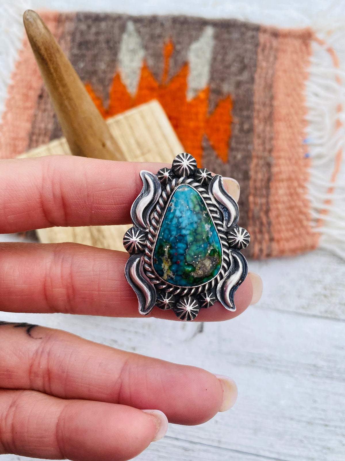 Handcrafted Kingman Web Turquoise & Sterling Silver Ring Size 6