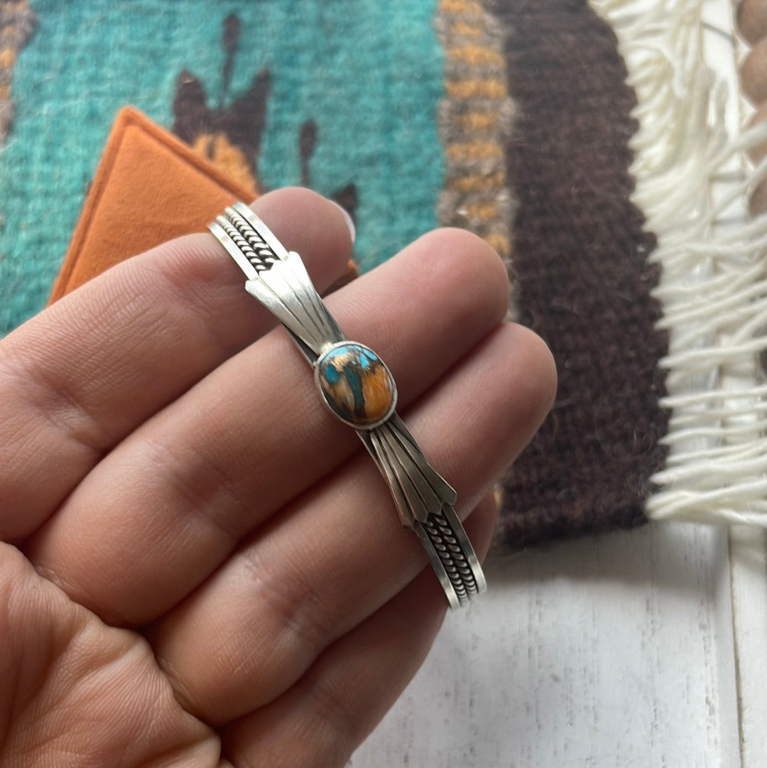 Handcrafted  Spice And Sterling Silver Single Stone Adjustable Cuff Bracelet
