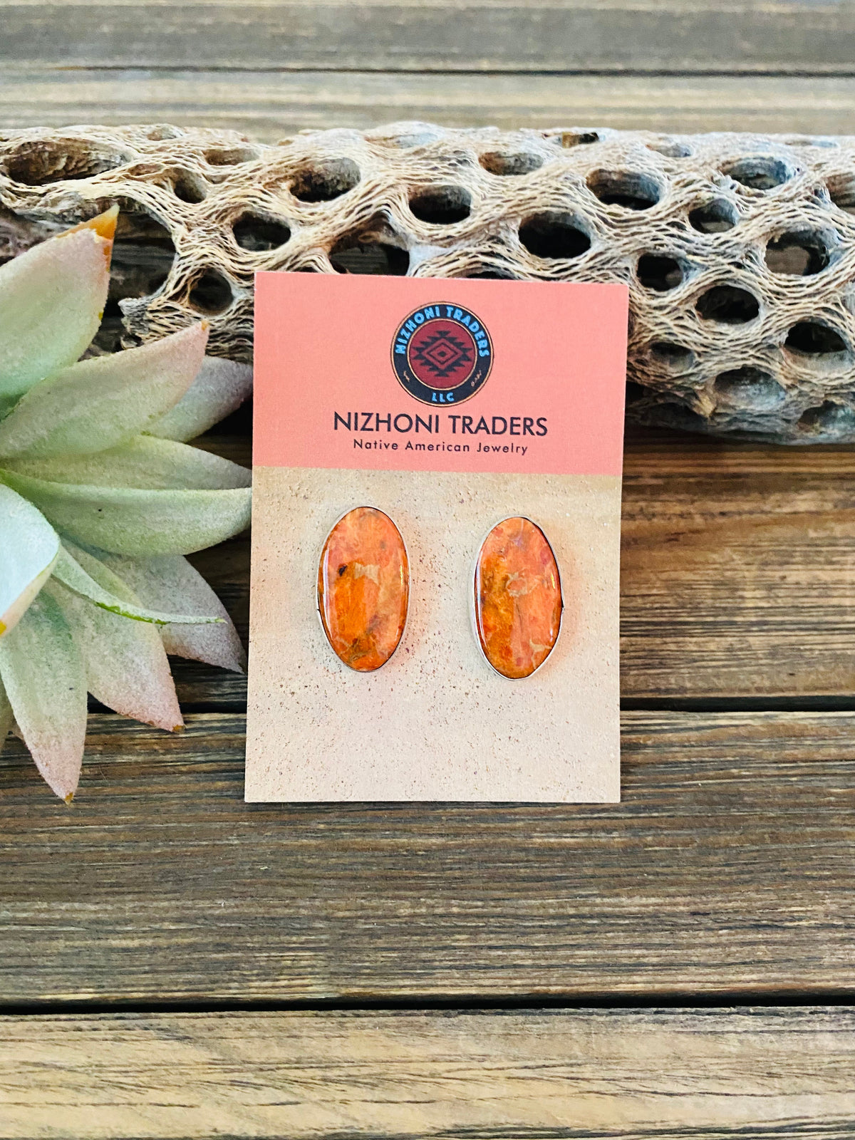 Handcrafted Sterling Silver & Orange Spiny Post Earrings 1.1/8”