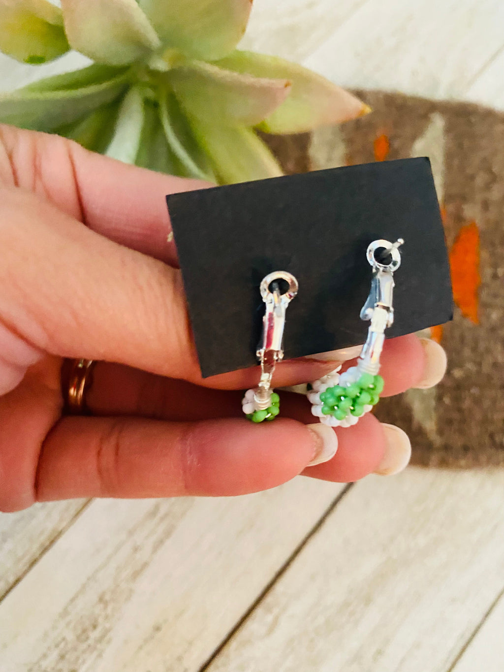 Handcrafted Handmade Beaded Hoop Earrings- green/white