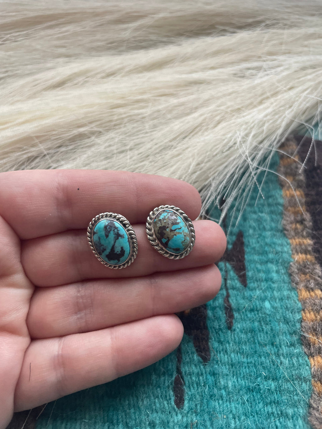 Handcrafted Sterling Silver & Turquoise Stud Earrings Signed M Silversmith