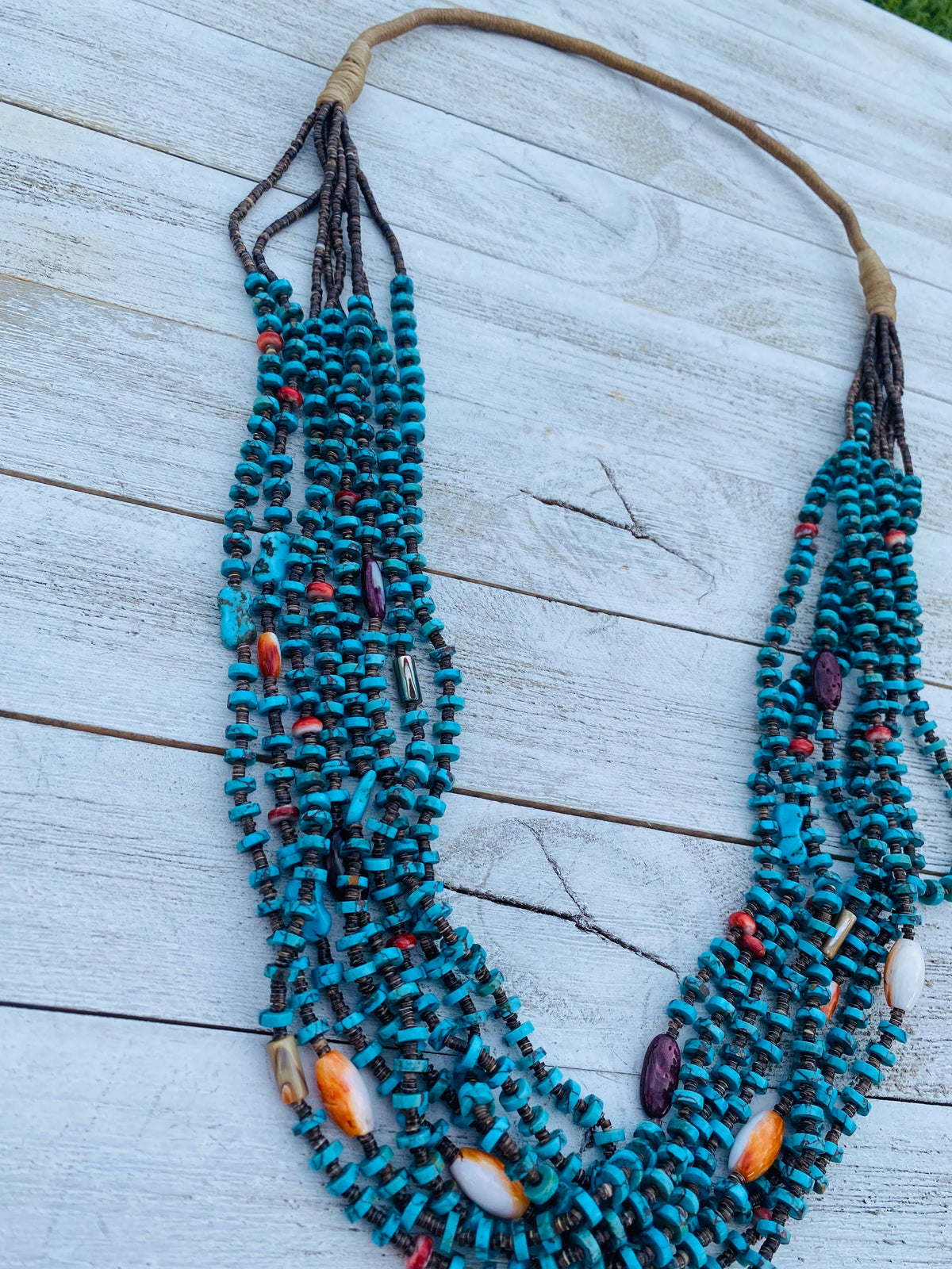 Handcrafted Turquoise, Spiny, Abalone & Heishi Eight Strand Beaded Necklace