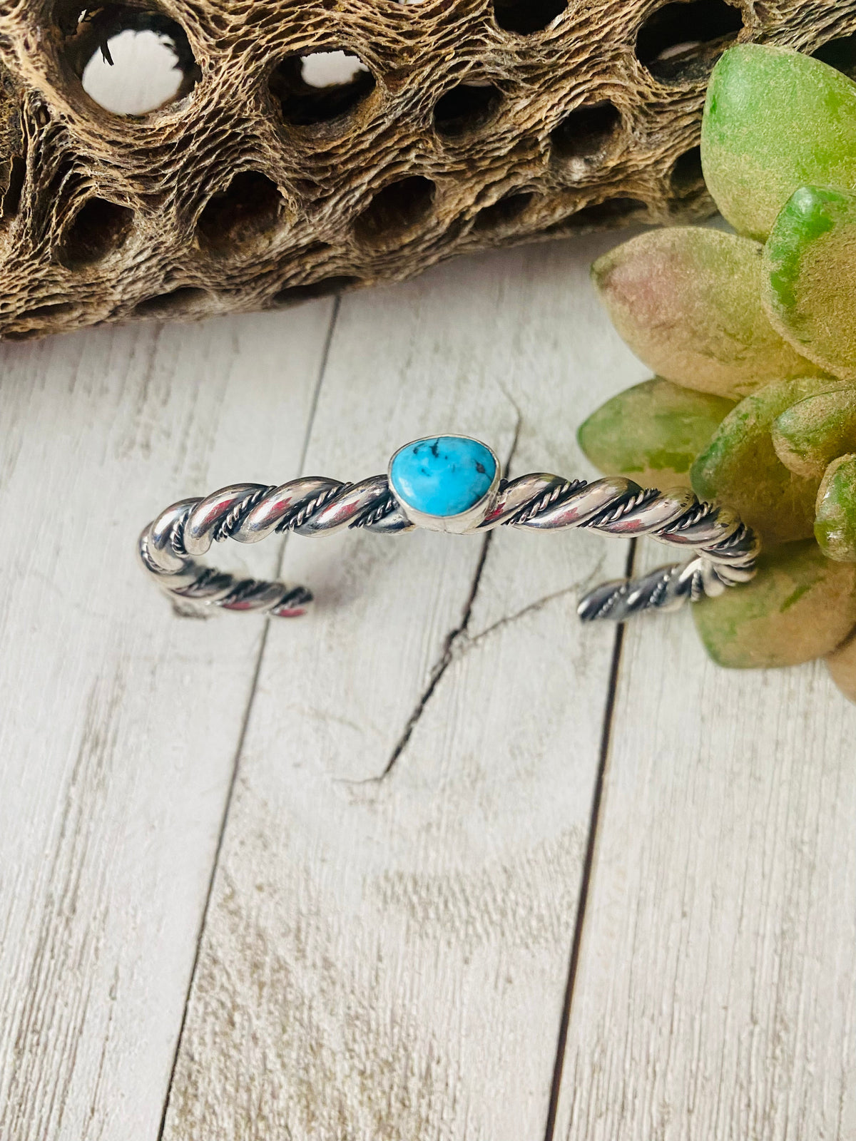 Handcrafted Twisted Sterling Silver & Kingman Turquoise Cuff Bracelet
