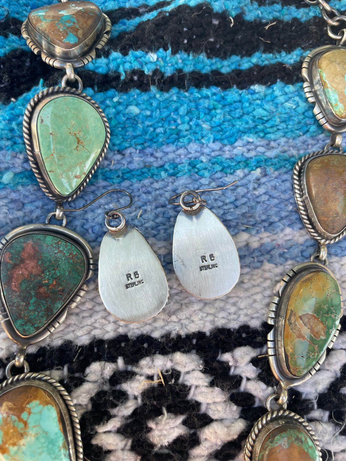 Handcrafted Sterling Silver & Royston Turquoise Necklace & Earring Set Signed RB