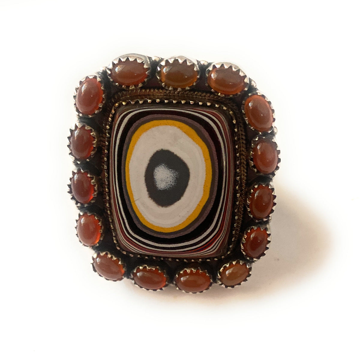 Handmade Sterling Silver, Fordite & Garnet Cluster Adjustable Ring
