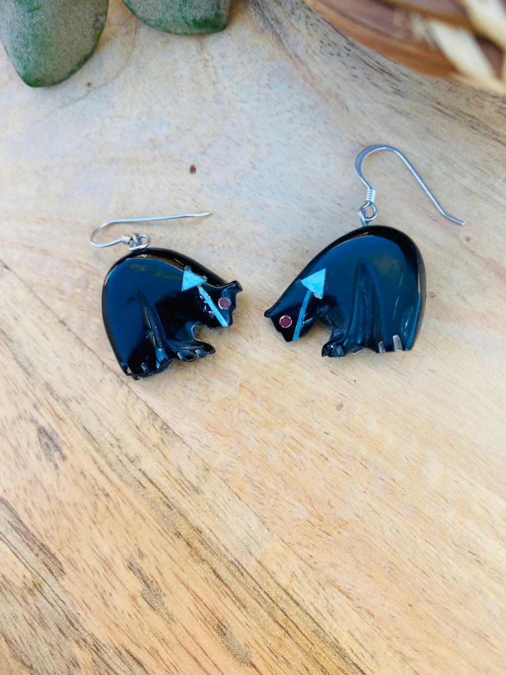 Handcrafted Vintage Jet & Turquoise Fetish Bear Dangle Earrings