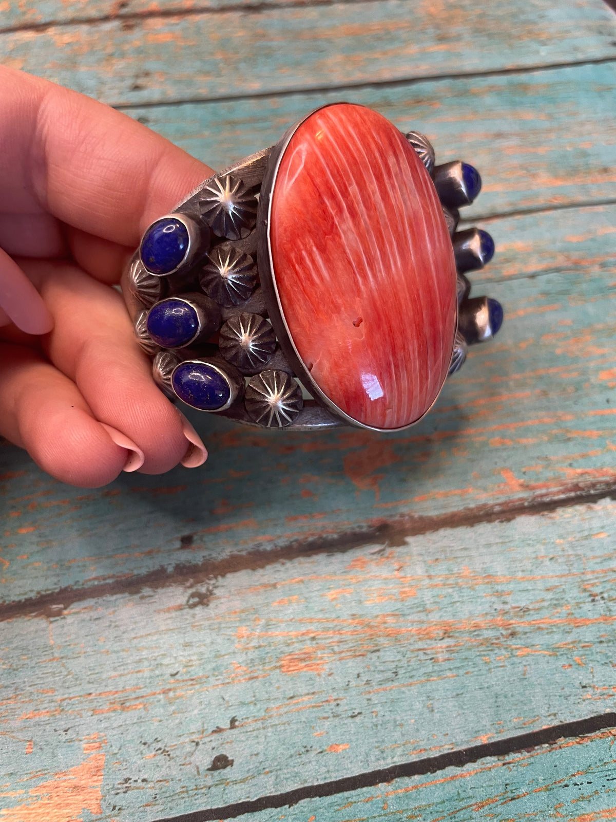 Chimney Butte Handcrafted Orange Spiny And Lapis Sterling Silver Cuff Bracelet Signed