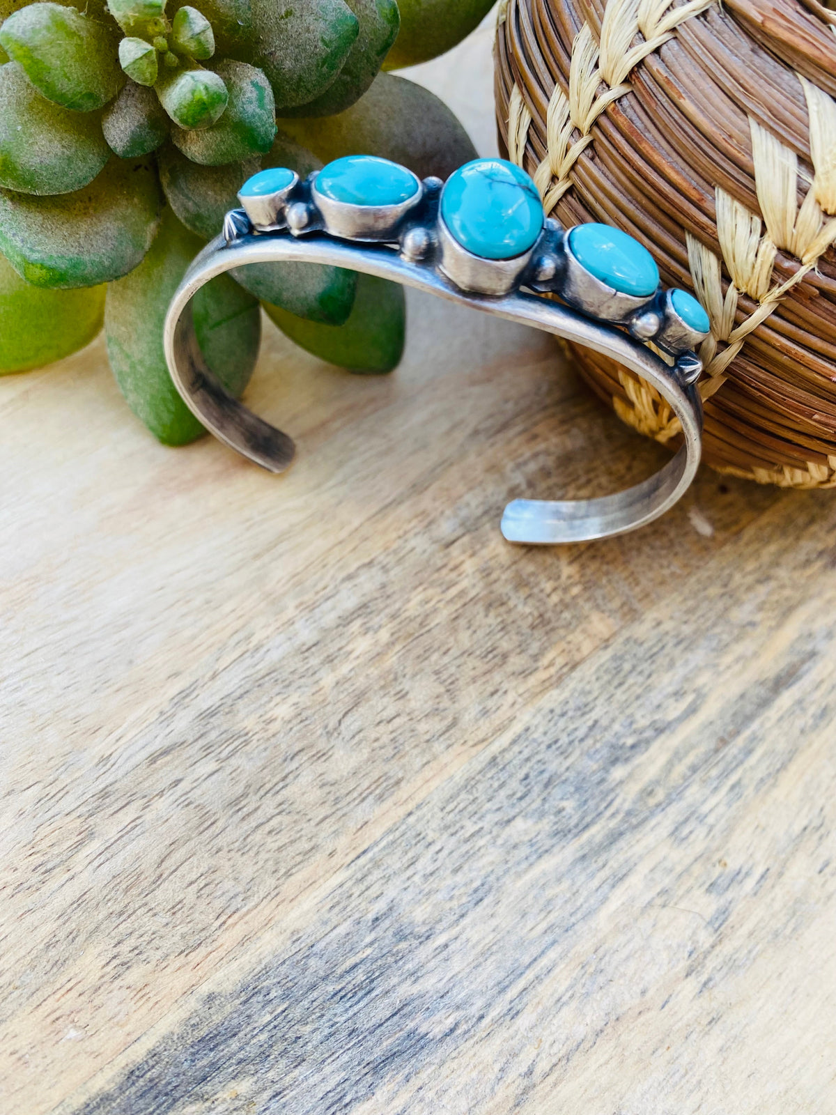 Handcrafted Vintage Turquoise & Sterling Silver Five Stone Cuff Bracelet Signed /