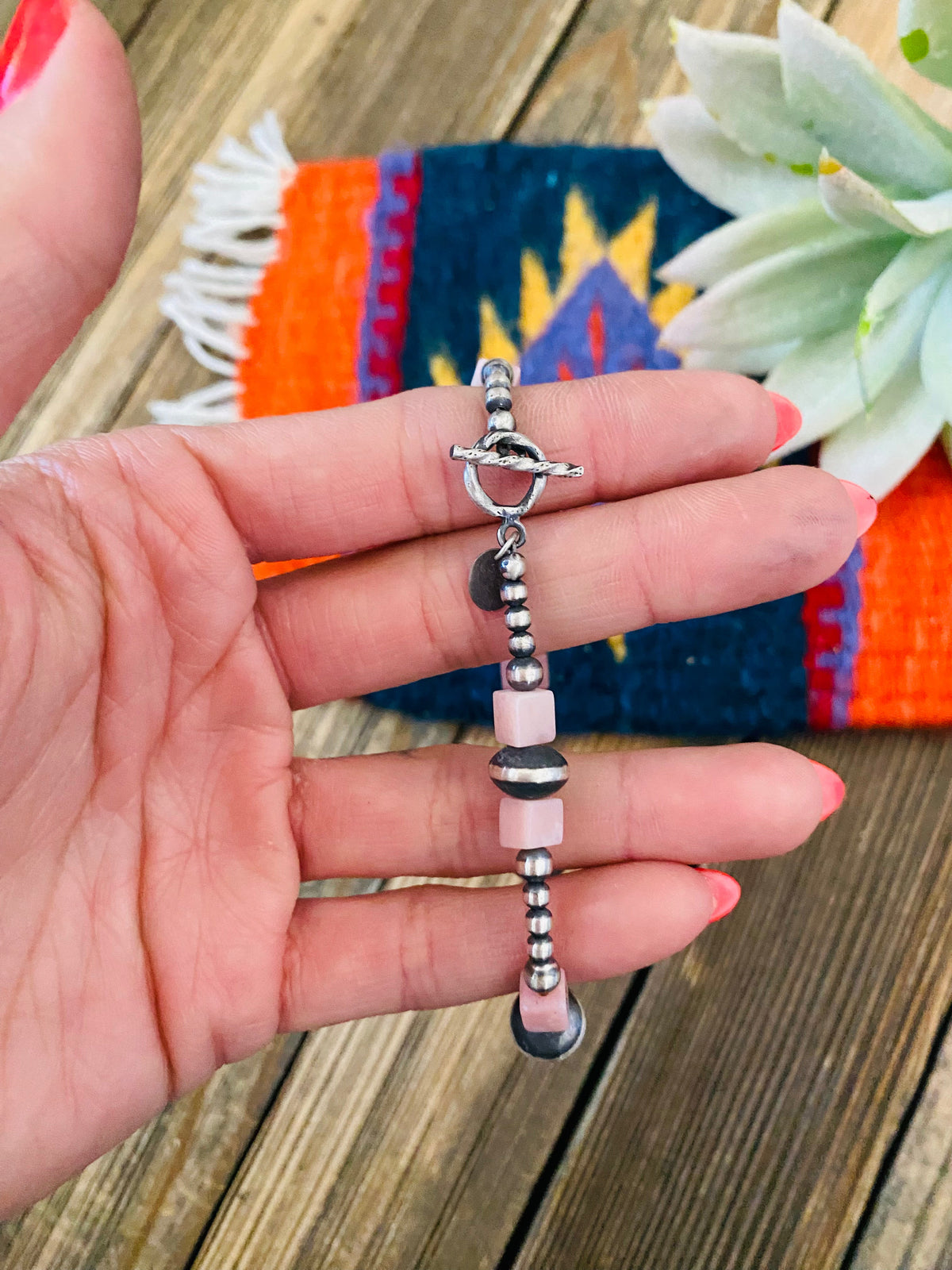 Queen Pink Conch Shell & Sterling Silver Beaded Bracelet