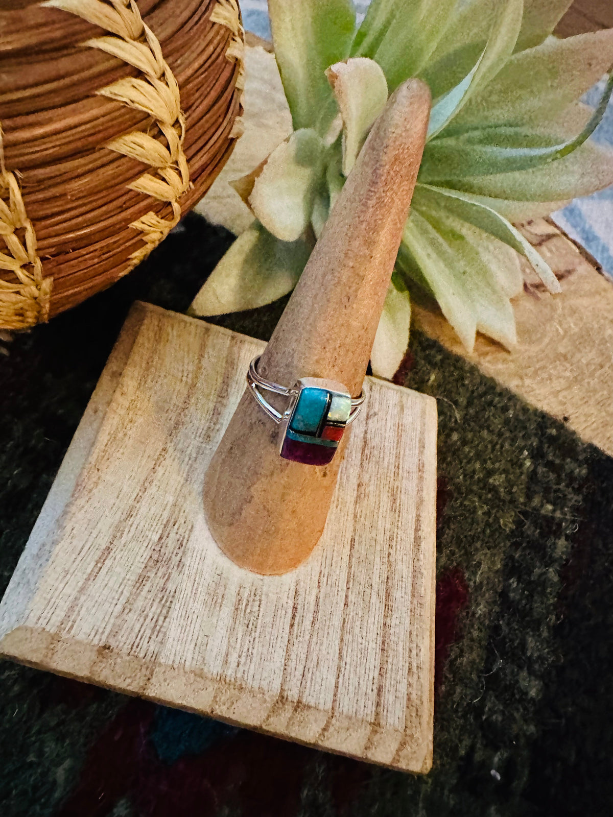 Handcrafted Sterling Silver & Multi Stone Inlay Ring Size 6.25