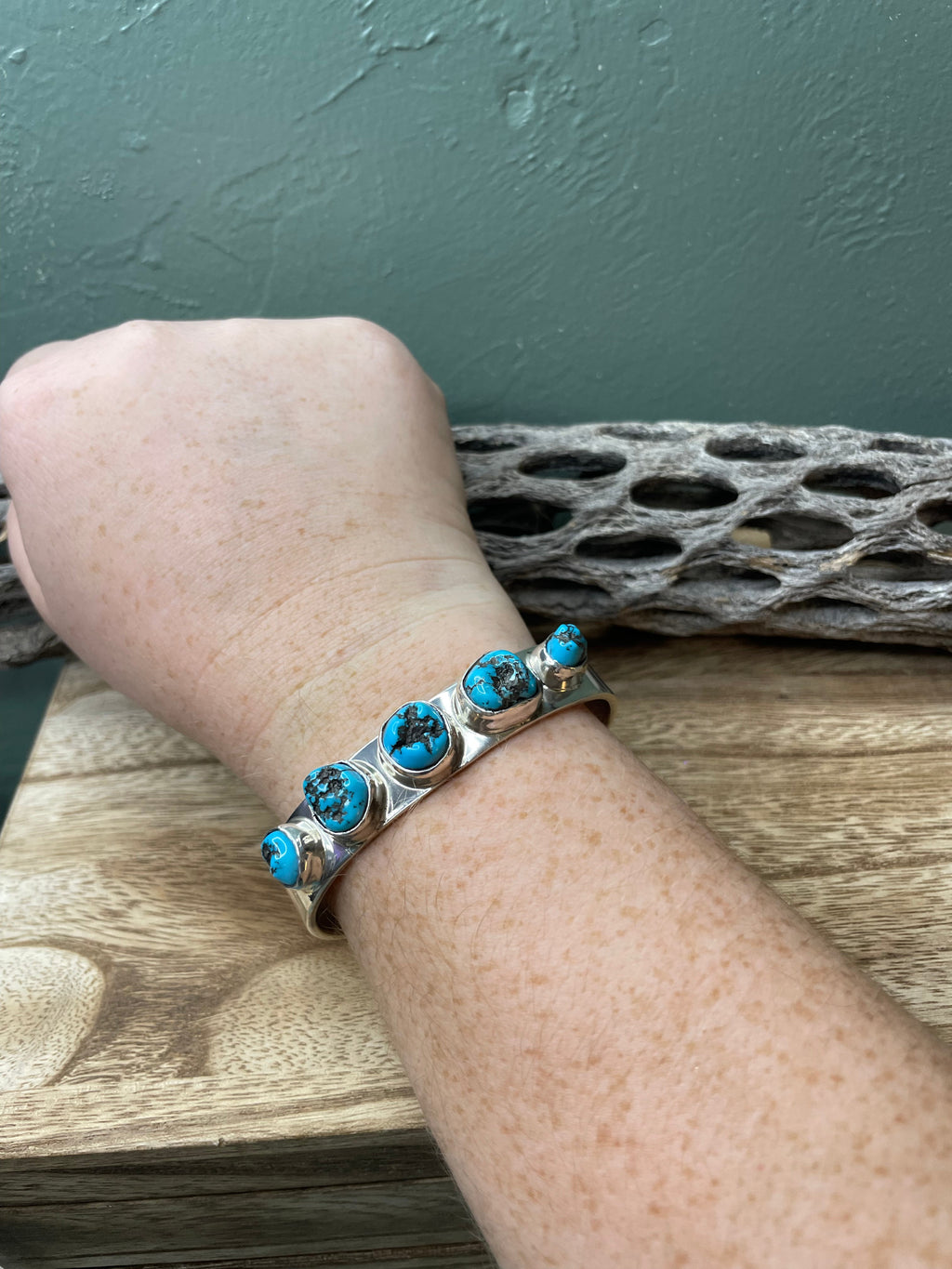 Handcrafted Sterling Silver 5 Stone Turquoise Cuff Chimney Butte Signed /