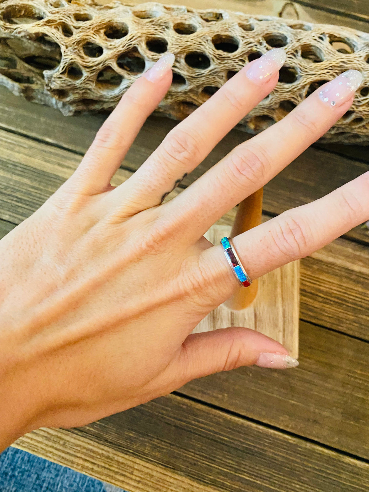 Handcrafted Sterling Silver & Multicolor Opal Inlay Band Ring Size 5.75