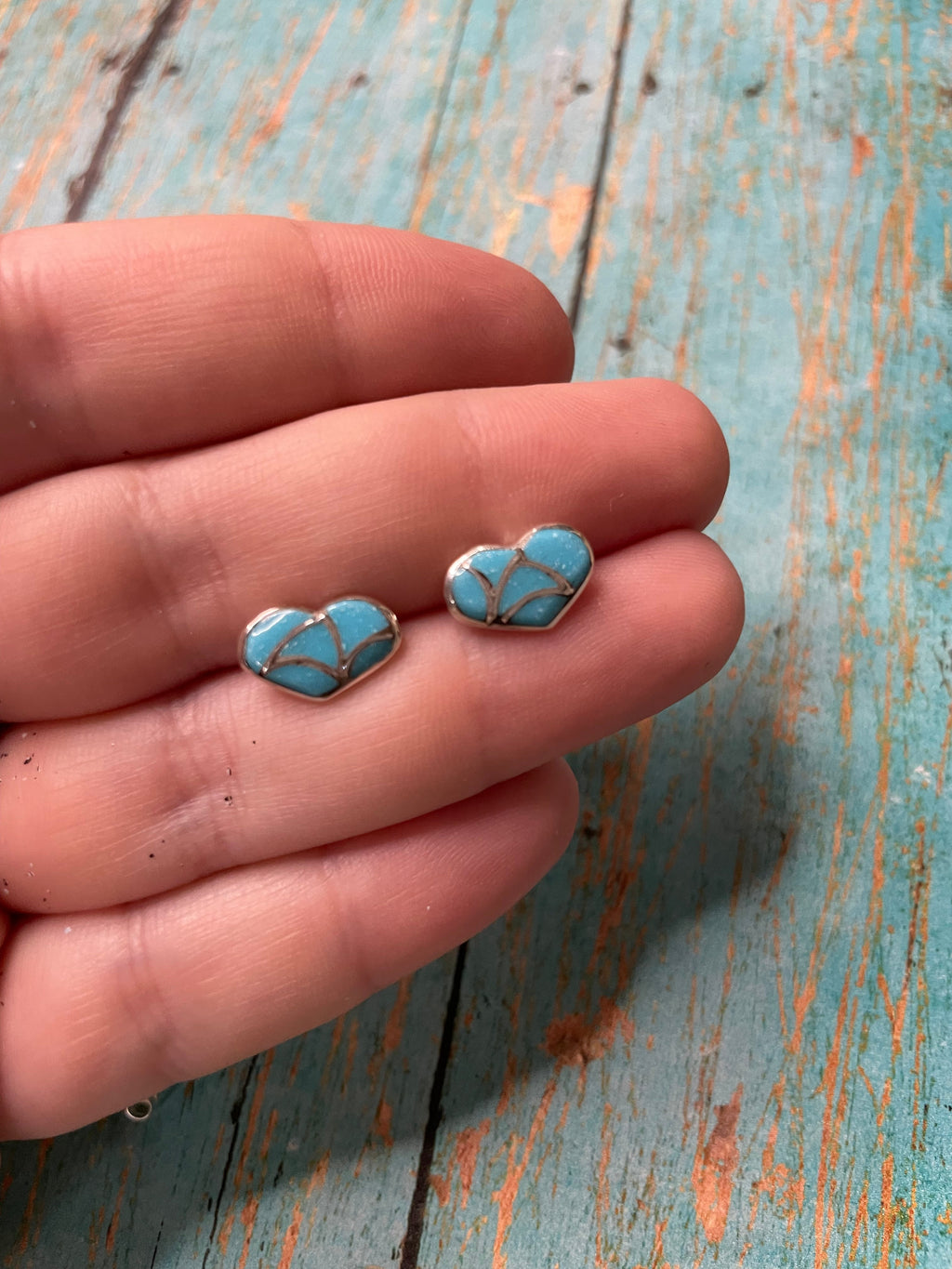 Handcrafted Sterling Silver & Turquoise Inlay Stud Heart Earrings