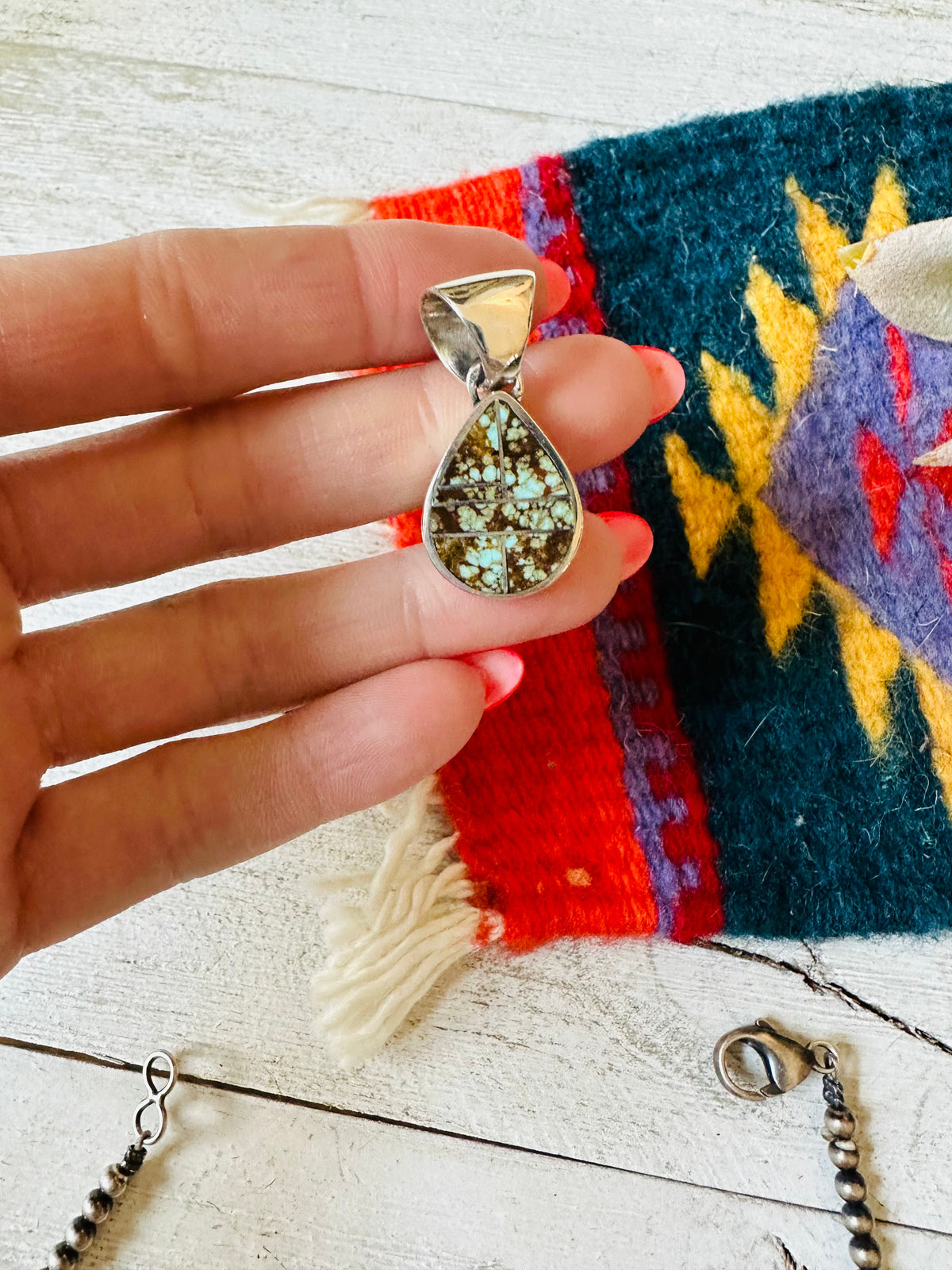 Handcrafted Number 8 Turquoise & Sterling Silver Teardrop Inlay Pendant