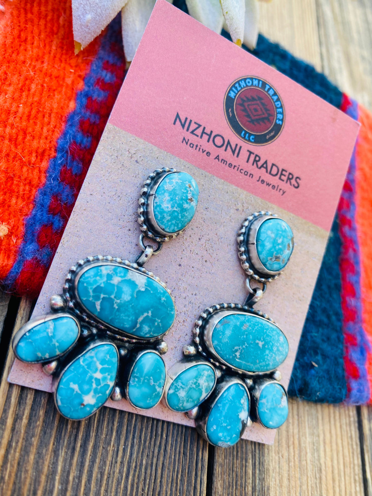 Handcrafted Turquoise & Sterling Silver Cluster Dangle Earrings