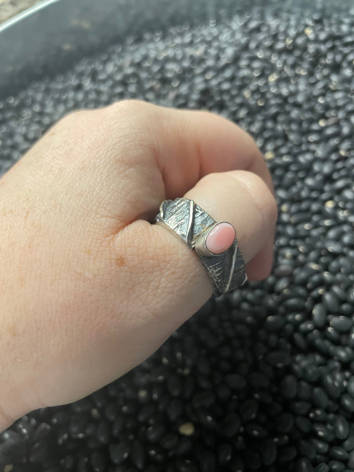 Handcrafted Pink Conch Tufa Cast Ring Signed Size 11
