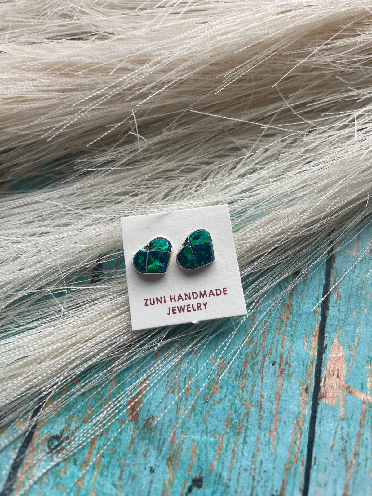 Handcrafted Sterling Silver & Dark Green Opal Inlay Heart Stud Earrings