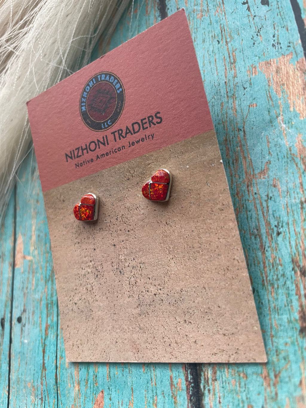 Handcrafted Sterling Silver & Red Opal Inlay Heart Stud Earrings