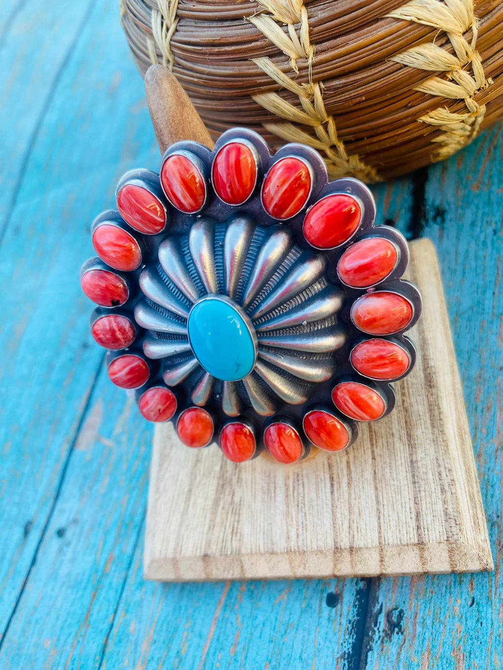 Handcrafted Red Spiny, Turquoise & Sterling Silver Adjustable Ring