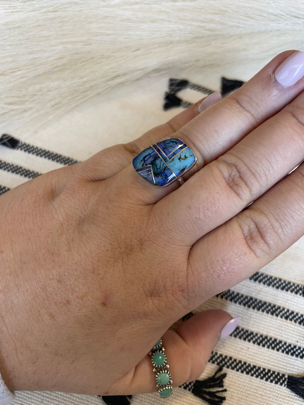 Handcrafted Sterling Silver & Blue Opal Inlay Ring Size 7